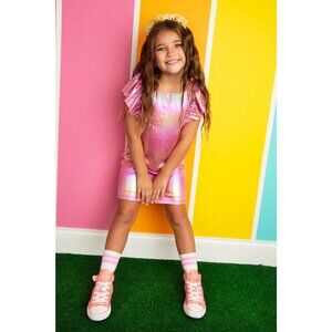 Appaman Girls Sparkle Sandy Dress Pink & Gold Metallic Ruffle Sleeve Dress Sz 5